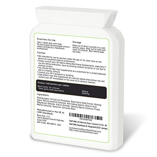 Sin Gluten Tabletas De Suplementos de Alta Potencia Inodoras De Ajo Negro Equivalentes A 12000 mg De Cabezas De Ajo Fresco! Suplemento Alimenticio Adecuado Para Los Vegetarianos Y Veganos.