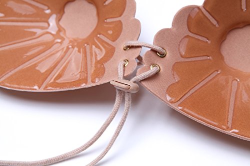 Sinoeem Mujeres Sujetador sin Tirantes Invisible Adhesivo,Sujetador Adhesivo Push up,Reutilizable para Las Mujeres Sujetadores para Vestidos sin Espalda (Beige-Drawstring, D)