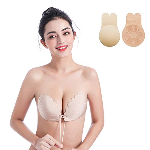 Sinoeem Mujeres Sujetador sin Tirantes Invisible Adhesivo,Sujetador Adhesivo Push up,Reutilizable para Las Mujeres Sujetadores para Vestidos sin Espalda (Beige-Drawstring, D)
