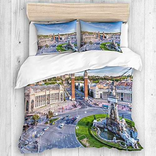 SIONOLY Ropa de Cama Funda nórdica,Vista de la Ciudad del Centro de Barcelona España Panorama Bus Catedral Fuente Viajes,Microfibra Nuevo Conjunto de Tres Piezas de Varios Patrones Personalizados