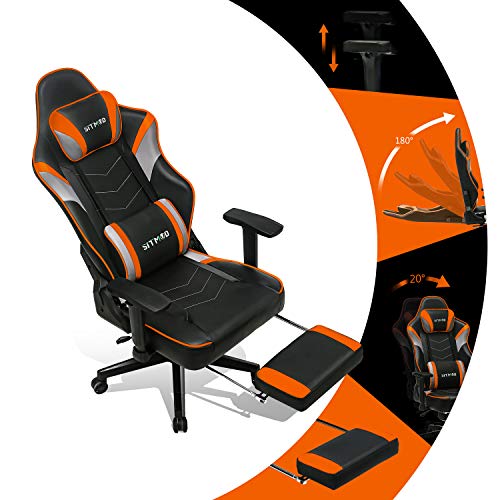 SITMOD Silla Gaming Sillas Gamer Ergonomica Silla 200kg Reclinable con Masaje, Silla de Escritorio Gaming Sillas XL Ordenador Sillón Racing Esport Silla Bordado Luminoso con Reposapies-Naranja
