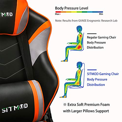 SITMOD Silla Gaming Sillas Gamer Ergonomica Silla 200kg Reclinable con Masaje, Silla de Escritorio Gaming Sillas XL Ordenador Sillón Racing Esport Silla Bordado Luminoso con Reposapies-Naranja