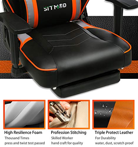 SITMOD Silla Gaming Sillas Gamer Ergonomica Silla 200kg Reclinable con Masaje, Silla de Escritorio Gaming Sillas XL Ordenador Sillón Racing Esport Silla Bordado Luminoso con Reposapies-Naranja