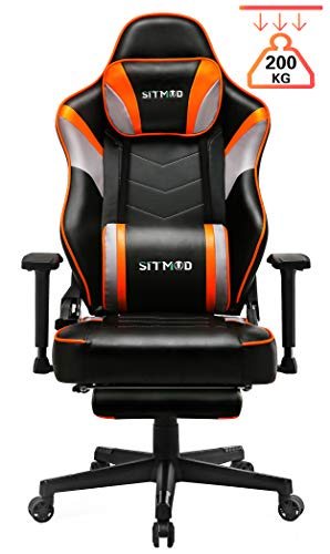 SITMOD Silla Gaming Sillas Gamer Ergonomica Silla 200kg Reclinable con Masaje, Silla de Escritorio Gaming Sillas XL Ordenador Sillón Racing Esport Silla Bordado Luminoso con Reposapies-Naranja