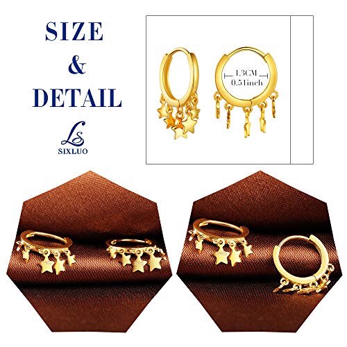 SixLuo-Pendientes de Plata 925 Forma en Estrellas Aros con Caja de Regalo para Mujer Chicas Color de Oro