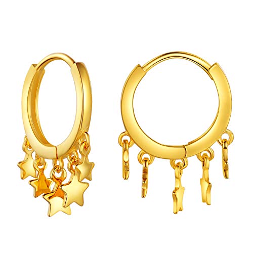 SixLuo-Pendientes de Plata 925 Forma en Estrellas Aros con Caja de Regalo para Mujer Chicas Color de Oro