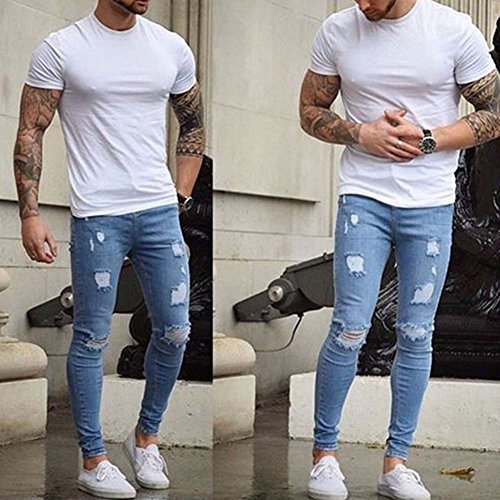 Skinny Vaqueros Hombre - Fashion Slim Pantalones Rotos con Bolsillos Casual Verano Primavera Pantalón Mezclilla Rasgado Pantalones Jeans Tallas Grandes