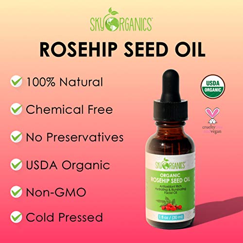 Sky Organics Orgánica aceite de rosa mosqueta, aceite de semilla de rosa mosqueta-Cruelty Free prensados ​​en frío, anti-envejecimiento facial aceite, aceite facial antioxidante, 100% puro