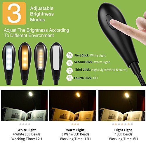 SKYEE Luz de Lectura para Libro, Flexo de Pinza Recargable LED Lámpara Ebook 7 Luces LED 3 Niveles de Intensidad USB Cable de Carga Incluido Luz Portátil Clip para Lectores Noche