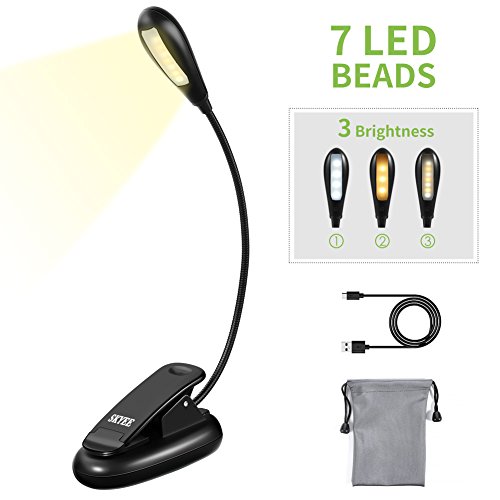SKYEE Luz de Lectura para Libro, Flexo de Pinza Recargable LED Lámpara Ebook 7 Luces LED 3 Niveles de Intensidad USB Cable de Carga Incluido Luz Portátil Clip para Lectores Noche