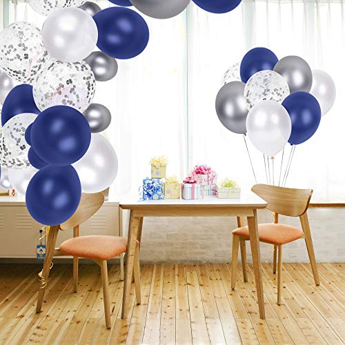 SKYIOL Globos 50 Piezas 30 cm Azul Blanco Plata Metalizado Confeti Helio Globo de Látex como Fiesta Celebración Decoraciones para Niños Cumpleaños Boda Baby Showers Graduación Día de San, Set 3