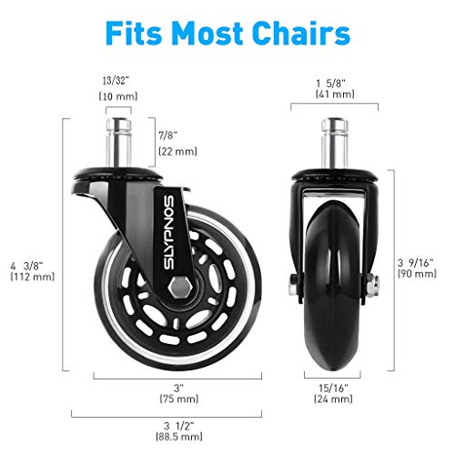 Slypnos - 10x22 mm Ruedas para IKEA Silla Oficina (5 Piezas), Ruedas para Muebles, Ruedas de Repuesto Caster Silencioso y Seguro para Cualquier Lugar (75mm(3'') - MAX 250kg)