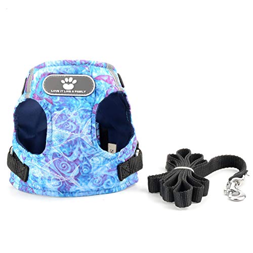 smalllee_Lucky_Store Peces Tropicales arnés con Correa para Perros pequeños y Gatos,Reflectante Ajustable Anti tirones no se escapen,fácil de Poner Chaleco para Cachorros,Azul,M