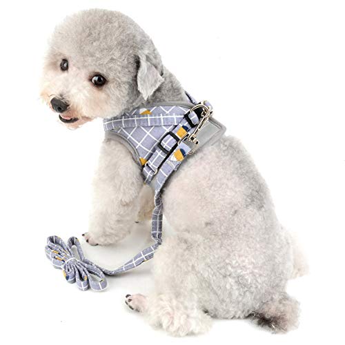 smalllee_Lucky_Store Plaid arnés con Correa para Perros pequeños y Gatos,Reflectante Ajustable Anti tirones no se escapen,fácil de Poner Chaleco para Cachorros,Gris,S