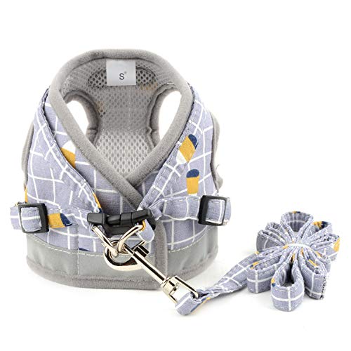 smalllee_Lucky_Store Plaid arnés con Correa para Perros pequeños y Gatos,Reflectante Ajustable Anti tirones no se escapen,fácil de Poner Chaleco para Cachorros,Gris,S