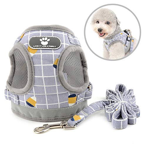 smalllee_Lucky_Store Plaid arnés con Correa para Perros pequeños y Gatos,Reflectante Ajustable Anti tirones no se escapen,fácil de Poner Chaleco para Cachorros,Gris,S
