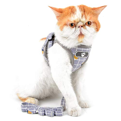 smalllee_Lucky_Store Plaid arnés con Correa para Perros pequeños y Gatos,Reflectante Ajustable Anti tirones no se escapen,fácil de Poner Chaleco para Cachorros,Gris,S