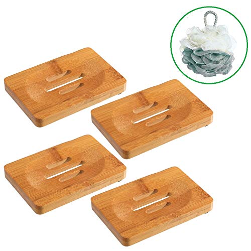 Smart Nice 4 Pcs Jabonera Jabonera de Madera Natural Bambú Bandeja de Jabón para Baño,Incluye 1 Esponja de Baño