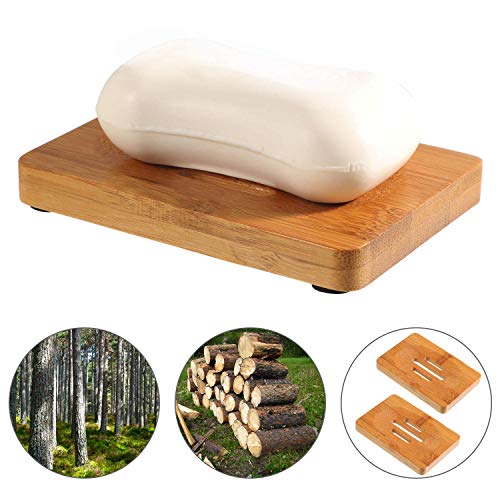 Smart Nice 4 Pcs Jabonera Jabonera de Madera Natural Bambú Bandeja de Jabón para Baño,Incluye 1 Esponja de Baño