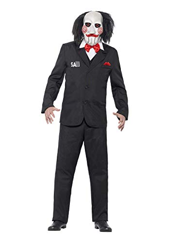 Smiffys-20493L Licenciado Oficialmente Disfraz de Saw Jigsaw, con Careta, Americana, Camisa y Falso Chaleco, Color Negro, L-Tamaño 42"-44" (Smiffy'S 20493L)