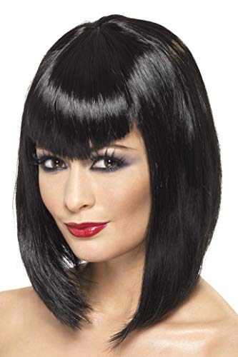 Smiffys-32067 Peluca de vampiresa, Corta con Flequillo, Color Negro, Tamaño único (Smiffy'S 32067)