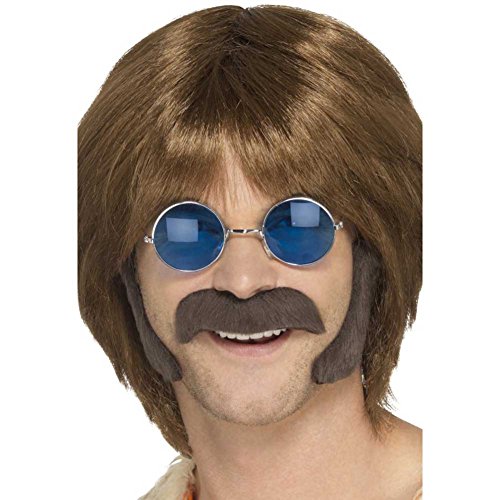 Smiffy's-48098 Kit disfraz de hippie, castaño, con patillas y bigote, color marrón, No es applicable (48098) , color/modelo surtido