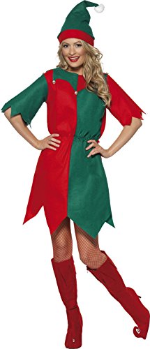 Smiffys Disfraz de elfa con gorro y túnica, Rojo y verde, Large