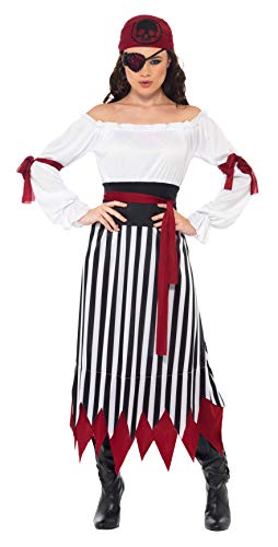 Smiffy's Smiffys Disfraz de Mujer Pirata, Vestido con Tiras para los Brazos, cinturón y Elemento para la Cabeza, Color Negro y Blanco, M-EU Tamaño 40-42 20803M