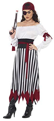 Smiffy's Smiffys Disfraz de Mujer Pirata, Vestido con Tiras para los Brazos, cinturón y Elemento para la Cabeza, Color Negro y Blanco, M-EU Tamaño 40-42 20803M