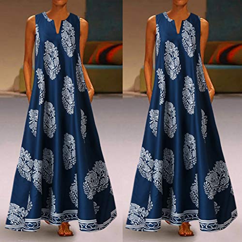 SMILEQ Vestido de Mujer Falda con Estampado Floral con Cuello en V Vintage Boho sin Mangas Tallas Grandes Vestido Largo Largo Suelto (L, Armada)