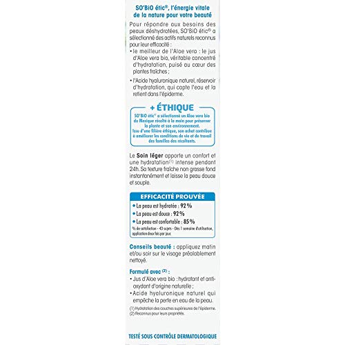 So'Bio Étic Crème Légère Hydratante 24 H Jour au Pur Jus d'Aloe Vera Bio Tube de 50 ml