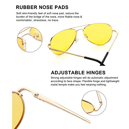 SODQW Clásico HD Gafas de Visión para Conduccion Nocturna Hombre Mujer Polarizadas Lente Amarilla Anti Reflectante - 100% UVA/UVB Protección (Marco Dorado Lente Amarilla)