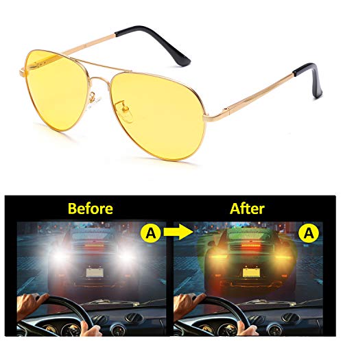 SODQW Clásico HD Gafas de Visión para Conduccion Nocturna Hombre Mujer Polarizadas Lente Amarilla Anti Reflectante - 100% UVA/UVB Protección (Marco Dorado Lente Amarilla)