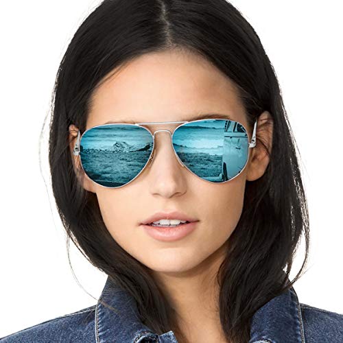 SODQW Gafas de Sol Polarizadas Mujer Espejo Marca Clásico Metal Marco 100% UVA/UVB Protección (Marco de Plata Lente Azul (Espejo))