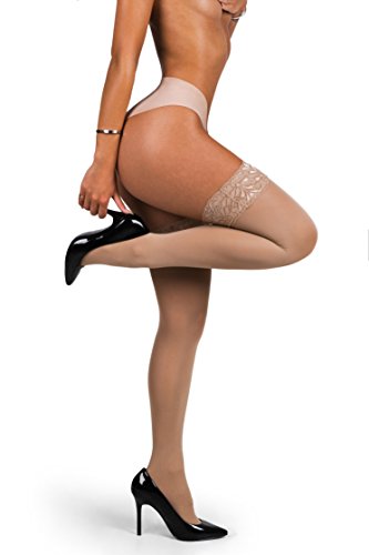 sofsy Encaje de Muslo Alto Opaco con sostenedor de Nylon, Pantyhose de Medias de Silicona Top 60 Den Natural 6 - XX-Large