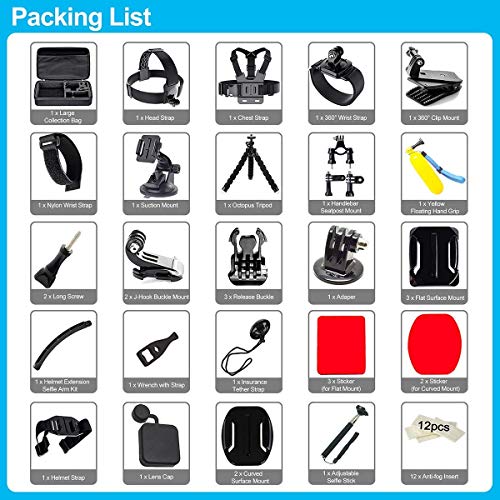 Soft Digits de Accesorios para GoPro Hero 6 Hero7 Hero 2018 para Xiaomi Yi para AKASO, Para la Mayoría de las Cámaras Deportivas 50-en-1 Kit de Accesorios con Estuche (Negro)