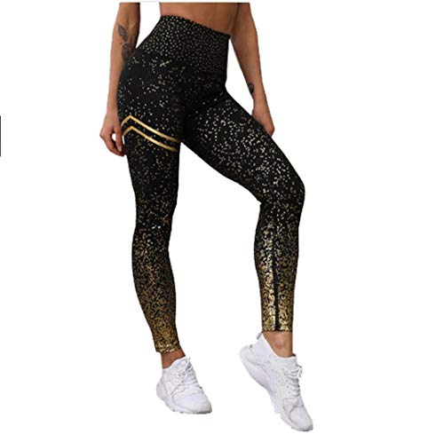 SOFTDUPANTS Leggings de Mujer sin Estampado de lámina metálica Transparente Leggings Ejercicio Fitness Patchwork Push Up Pantalones Black with Gold S