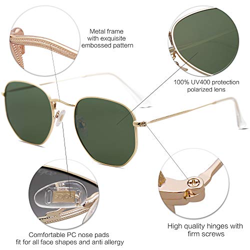 SOJOS Clásico Polígono Espejo Lentes UV Portección Unisex Gafas de Sol Polarizado SJ1072 (C8 Marco Dorado/Lente G15)