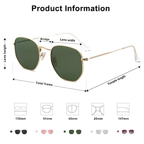 SOJOS Clásico Polígono Espejo Lentes UV Portección Unisex Gafas de Sol Polarizado SJ1072 (C8 Marco Dorado/Lente G15)