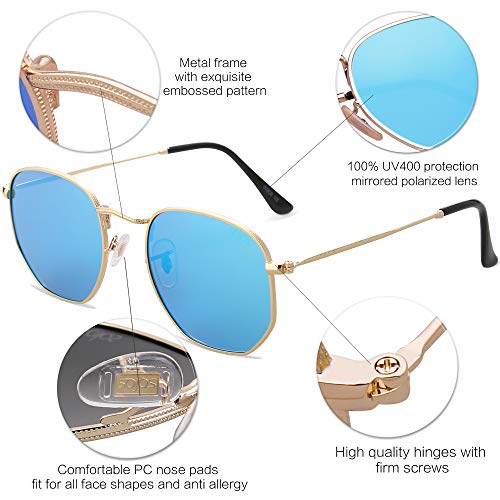 SOJOS Clásico Polígono Espejo Lentes UV Portección Unisex Gafas de Sol Polarizado SJ1072 Marco Dorado/Lente Azul