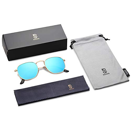 SOJOS Clásico Polígono Espejo Lentes UV Portección Unisex Gafas de Sol Polarizado SJ1072 Marco Dorado/Lente Azul