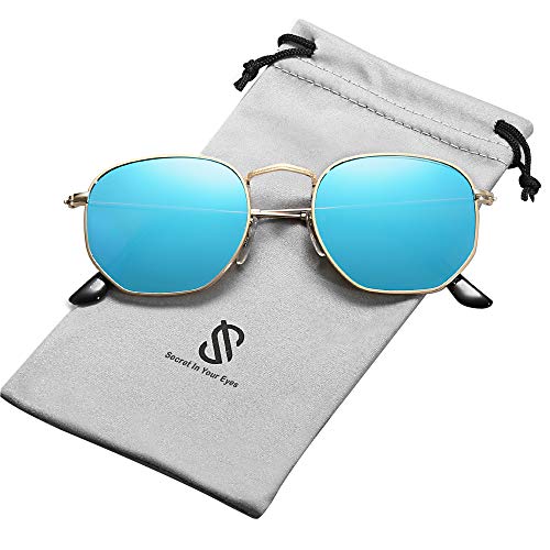 SOJOS Clásico Polígono Espejo Lentes UV Portección Unisex Gafas de Sol Polarizado SJ1072 Marco Dorado/Lente Azul