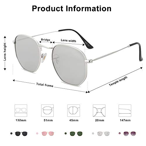 SOJOS Clásico Polígono Espejo Lentes UV Portección Unisex Gafas de Sol Polarizado SJ1072 Marco Plateado/Lente Plateado