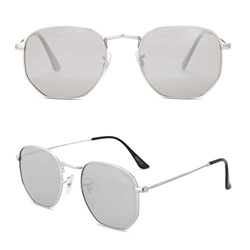 SOJOS Clásico Polígono Espejo Lentes UV Portección Unisex Gafas de Sol Polarizado SJ1072 Marco Plateado/Lente Plateado