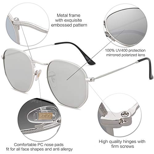 SOJOS Clásico Polígono Espejo Lentes UV Portección Unisex Gafas de Sol Polarizado SJ1072 Marco Plateado/Lente Plateado