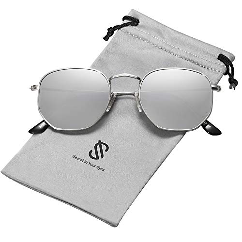 SOJOS Clásico Polígono Espejo Lentes UV Portección Unisex Gafas de Sol Polarizado SJ1072 Marco Plateado/Lente Plateado