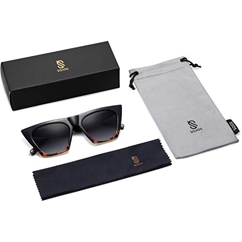 SOJOS Gafas De Sol Ojos de Gato Retro Polarizado Moderno Para Mujer SJ2115 Bella Con Marco Negro&Carey/Lente Gris Gradiente