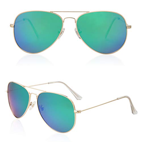 SOJOS Gafas De Sol Para Hombres Y Mujeres Aviator Clásico Marco Metal Lentes Espejo Polarizadas SJ1054 Marco Dorado/Lentes Verde