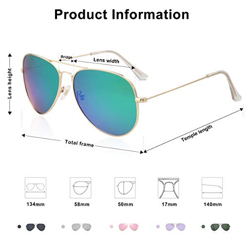 SOJOS Gafas De Sol Para Hombres Y Mujeres Aviator Clásico Marco Metal Lentes Espejo Polarizadas SJ1054 Marco Dorado/Lentes Verde