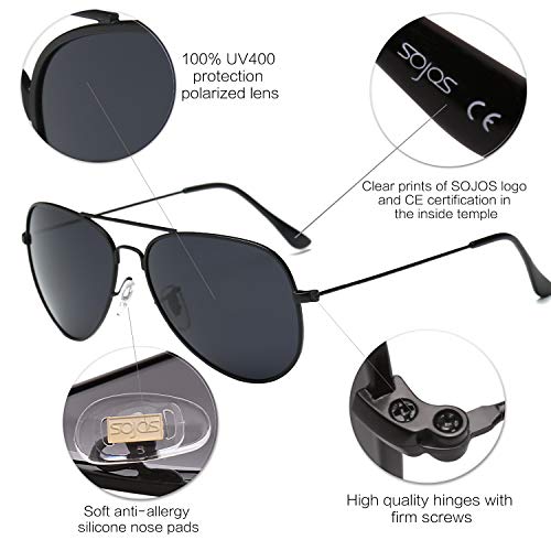 SojoS Gafas De Sol Para Hombres Y Mujeres Aviator Clásico Marco Metal Lentes Espejo Polarizadas SJ1054 Marco Negro/Lentes Grises
